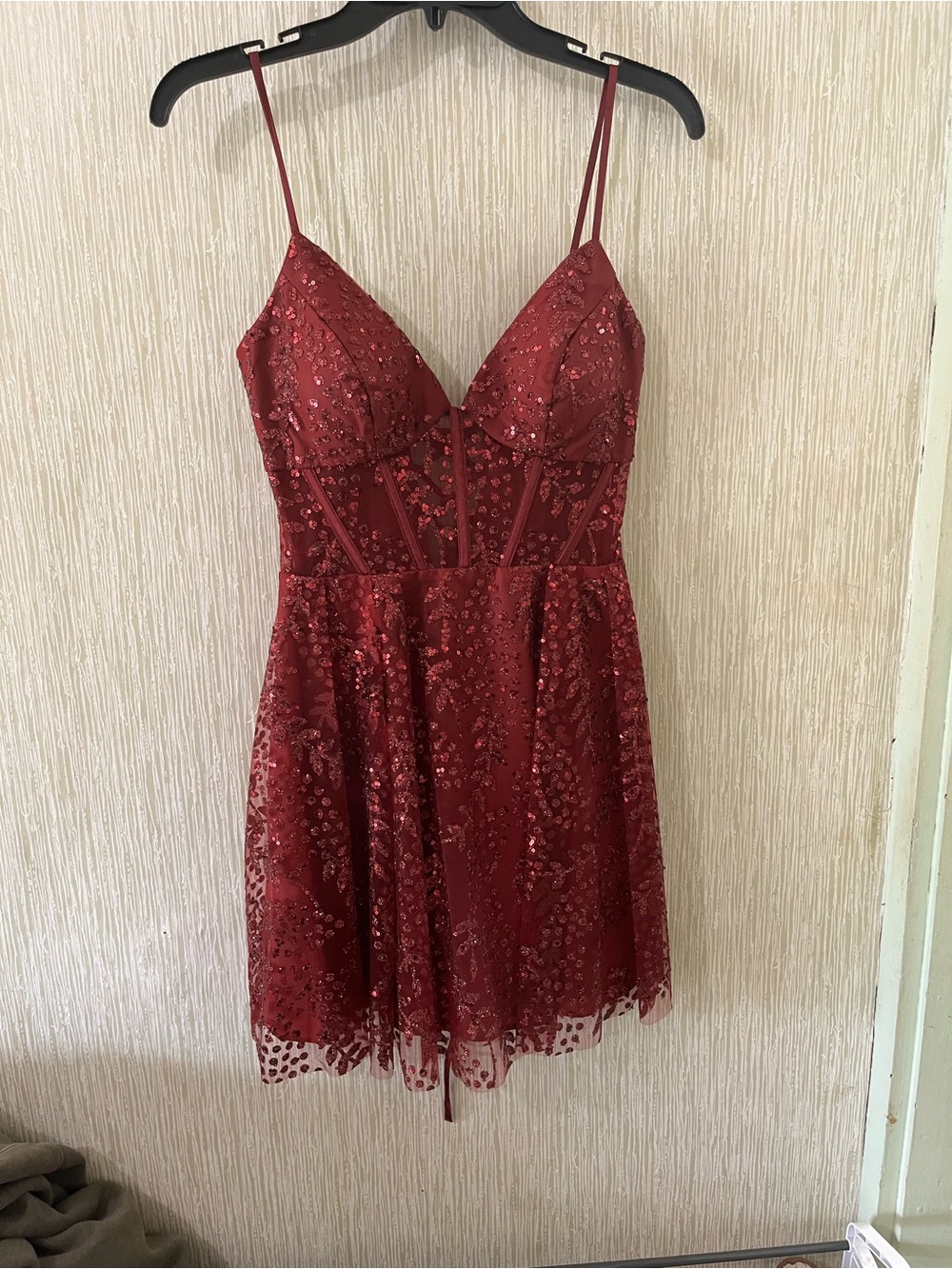 Red Sequin A-Line Spaghetti Strap Dress